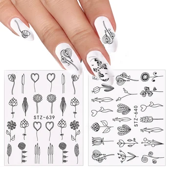 1 шт., черные наклейки с цветочным пером, простые наклейки для дизайна ногтей, тату для маникюра, наклейки для йоги, Слайдер, водные обертывания, инструменты 