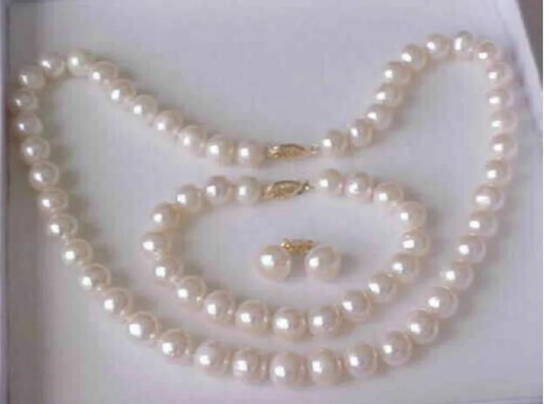 Горячая продажа AAAA 9-10 мм Akoya белое жемчужное ожерелье, браслет, серьги из золота 14 к