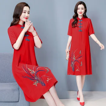 2021 M-4XL Плюс Размер, Винтажное красное китайское традиционное Ципао с вышивкой, повседневное женское платье Миди для вечеринок, Летние платья Чонсам