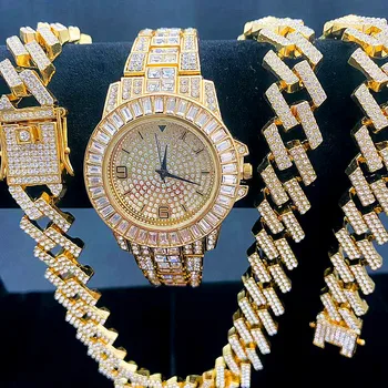 3 шт. Мужская Цепочка Iced Out, ожерелье, браслет, Часы, Мужские хип-хоп, 15 мм, Большой Тяжелый Золотой Кубинский ювелирный набор, женский подарок