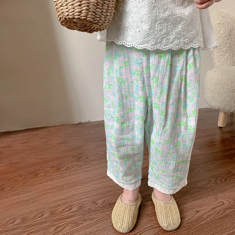 Детские брюки с корейским принтом, двухслойные брюки для девочек, Детские Тонкие Летние дышащие Повседневные брюки 2023 г.