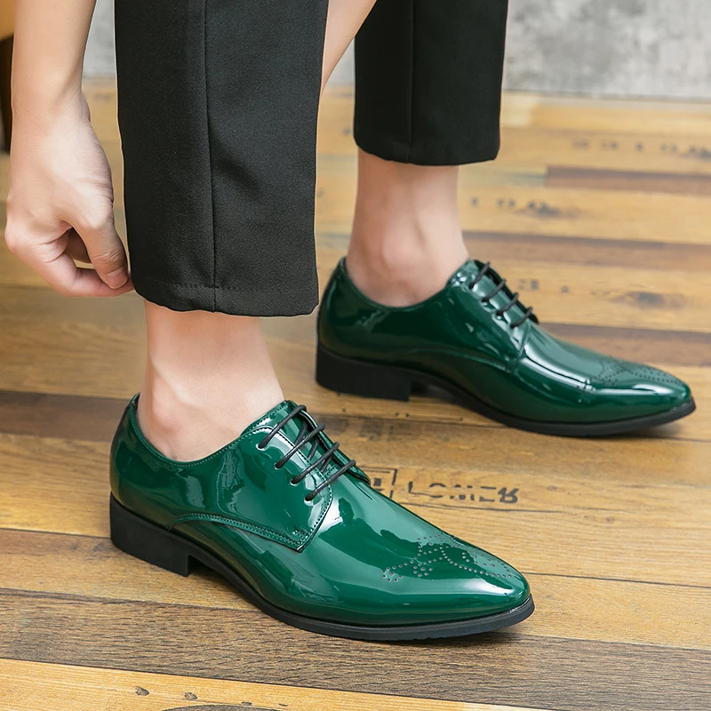Зеленые Модные Мужские Модельные туфли с Зеркальным Острым Носком, Элегантная Мужская Обувь Для Вечеринок, Мужская Кожаная обувь на Шнуровке, zapatos para hombre de vestir