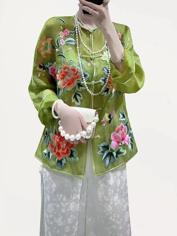 Высококачественный летний однобортный женский топ с вышивкой в китайском стиле и длинными рукавами M-XXL