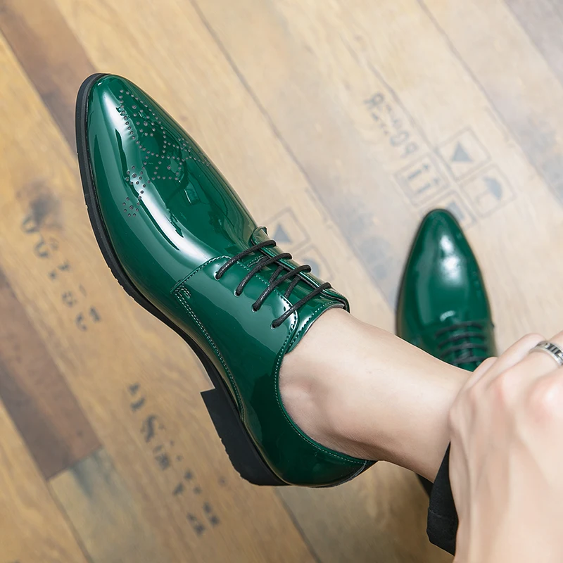 Зеленые Модные Мужские Модельные туфли с Зеркальным Острым Носком, Элегантная Мужская Обувь Для Вечеринок, Мужская Кожаная обувь на Шнуровке, zapatos para hombre de vestir