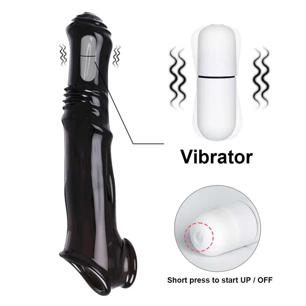 Многоразовый Презерватив Удлинитель пениса, Увеличивающий рукав для пениса с вибрациями, Секс-игрушки для мужчин, Удлинитель, Задерживающий Эякуляцию, Кольца для члена