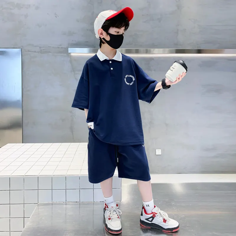 Новый летний однотонный костюм для мальчиков, детская корейская футболка с коротким рукавом + шорты, 2 предмета, свободная повседневная одежда для подростков, комплекты одежды