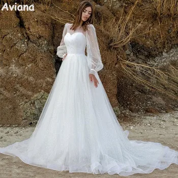 Aviana, Пляжные свадебные платья Трапециевидной формы с пышными рукавами, Жемчужный блеск, длина до пола, Свадебное платье с иллюзией спинки, Vestidos De Noiva