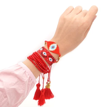 GoBoho Турецкий браслет от сглаза, наборы женских браслетов, ювелирные изделия, Красные браслеты из бисера, ювелирные аксессуары с кисточками, браслет