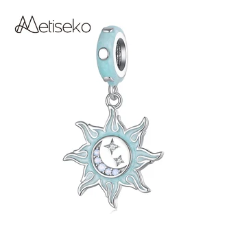Metiseko, 925 Пробы, серебряный кулон с улыбкой Солнца и Луны, шарм, Подвесная бусина, Оригинальный браслет, Ожерелье, Женское ювелирное изделие 
