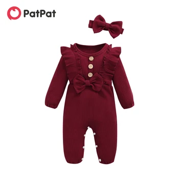 PatPat 2 шт., детский комбинезон из 95% хлопка в рубчик с длинными рукавами, рюшами, бантом и пуговицами, комплект повязки на голову