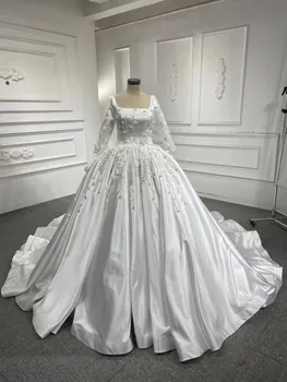 Rsm 67282 67210, Атласное Кружевное Свадебное платье с Цветами с Длинными рукавами, Бальное Платье, Роскошное Атласное Свадебное платье