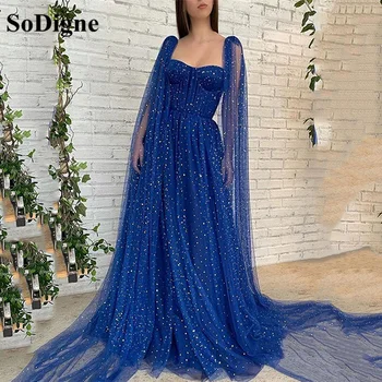 SoDigne, Блестящие Синие платья для выпускного вечера с пайетками, Длинные рукава Трапециевидной формы, Свадебные платья с открытой спиной, Тюлевое Вечернее платье 2023