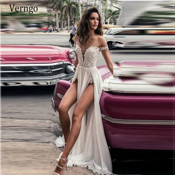 Verngo, Сексуальное Пляжное свадебное платье с открытыми плечами, Иллюзорный вырез, Свадебное платье с кружевной спинкой и высоким разрезом, Длинное платье для фотосессии 2020