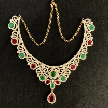 Алжирский свадебный ювелирный набор, зеленая и красная хрустальная Корона, ожерелье, Серьги, кольцо, Арабский подарок для новобрачных