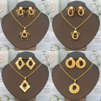 Африканский комплект ювелирных изделий из 18-каратного золота для женщин с подвеской в виде пятиконечной звезды, Модные серьги-кольца, ожерелье, ювелирные изделия для девочек, одежда