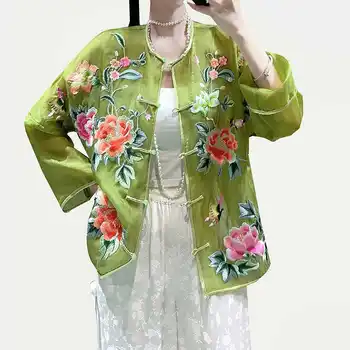 Высококачественный летний однобортный женский топ с вышивкой в китайском стиле и длинными рукавами M-XXL