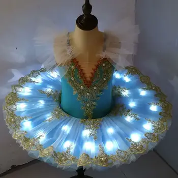 Детская Балетная юбка с подсветкой, Светящийся костюм для Косплея, костюм для девочек, Танец Лебедя, Небесно-Голубое Блестящее кружевное платье, Сценический костюм