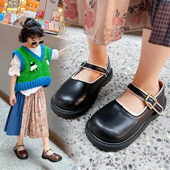 Детская Обувь из черной кожи для девочек; коллекция 2022 года; Однотонная весенняя обувь в Японском стиле с круглым носком; Новая детская Модная Школьная обувь на плоской подошве для мальчиков