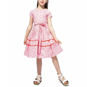 Детское платье для девочек, Летние платья Принцессы С коротким рукавом, цветочный принт в полоску, галстук-бабочка спереди, Платье трапециевидной формы, Детская одежда