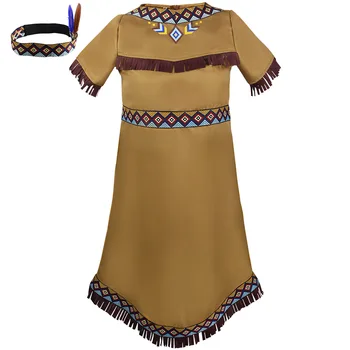 Детское платье для косплея коренных народов, Рождественская примитивная коричневая юбка для выступлений, головной убор для отправки