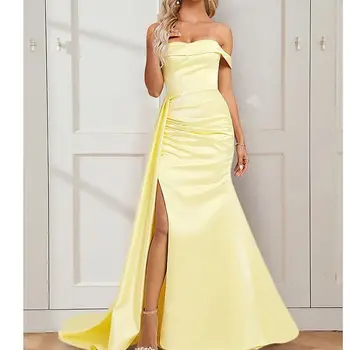 Желтое атласное Длинное вечернее платье-труба с открытыми плечами, вечерние платья с разрезом по бокам, вечернее платье для официальных мероприятий для женщин