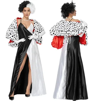 Женщина, Круэлла, Злая Мадам Де Виль, Косплей для взрослых, Детские Черно-белые Платья в леопардовый горошек, Парик, костюм, одежда для Хэллоуина