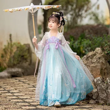 Китайская традиционная вышивка, Халат для косплея девушки Ханфу, Танцевальный комплект, Костюм Феи, Одежда для девочек, Детское платье Династии Хань