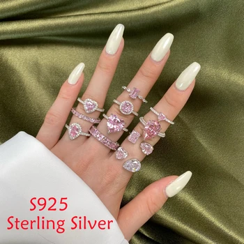 Летнее Новое кольцо из Стерлингового серебра S925 Пробы, женское Роскошное кольцо в форме сердца с розовыми кристаллами, модные Аксессуары, подарок