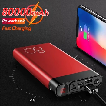 Мобильный банк питания емкостью 80000 мАч с фонариком Портативная внешняя быстрая перезаряжаемая батарея большой емкости для iPhone Xiaomi Huawei