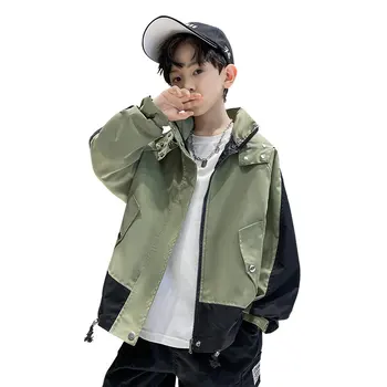 Модная детская одежда, тренч с капюшоном для мальчиков, лоскутное Корейское повседневное Осенне-весеннее уличное пальто, Ветровка от 4 до 14 лет