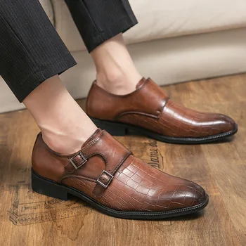 Модная Мужская обувь Munk со змеиным принтом и двойной пряжкой, однотонная деловая повседневная кожаная обувь с низким берцем, кожаная обувь для костюма PX052