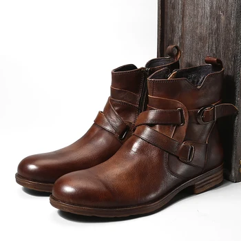 Модные Мужские ботинки Martin с круглым носком Кофейного/черного цвета, Ботинки из воловьей кожи в стиле ретро, короткие ботинки с пряжками