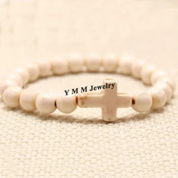 Модные эластичные браслеты из белого полудрагоценного камня 8 мм с боковым крестом 12 шт. Бесплатная доставка
