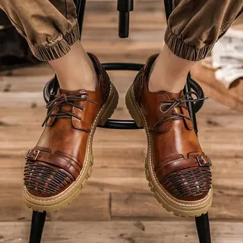 Мужские мотоциклетные ботинки из натуральной кожи, повседневная модная обувь на лодочке, Английская обувь на платформе, Роскошные мужские лоферы на шнуровке, обувь для вождения