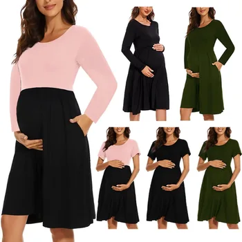 Новое однотонное платье для беременных с круглым вырезом и грудного вскармливания, платье для беременных с круглым вырезом и коротким рукавом