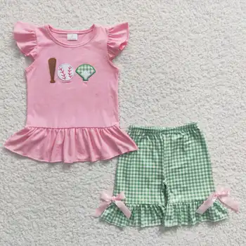Новый дизайн RTS НЕТ MOQ Нахальные Летние детские Розовые костюмы с вышивкой Комплекты детской бейсбольной одежды Для девочек