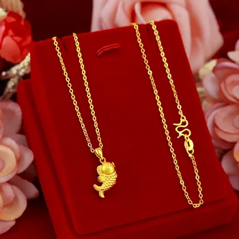 Ожерелье из настоящего желтого золота для женщин, свадебные ювелирные украшения, Подвеска в виде счастливой рыбы, O-образная цепочка, Ошейники, Колье, подарки на Годовщину