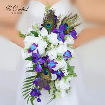 Орхидеи PEORCHID Blue Galaxy, Каскадные свадебные цветы, Букеты для новобрачных, Белые Розы, Павлиньи перья, Искусственный Букет-Водопад