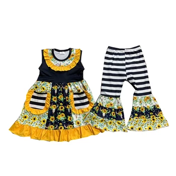 Популярная детская одежда для маленьких девочек, одежда с цветочным рисунком, детские расклешенные брюки, оптовый комплект одежды
