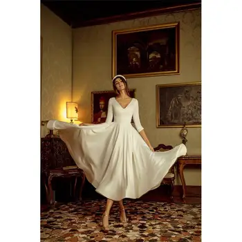 Простое вечернее платье в стиле ретро, женская свадебная юбка Невесты Длиной до колен, Сексуальный V-образный вырез, средний рукав, Легкие платья для путешествий на молнии