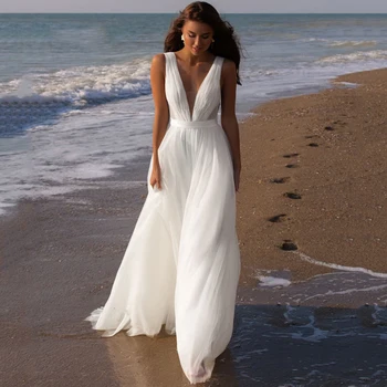 Простые пляжные свадебные платья Белого цвета с V-образным вырезом, Сексуальные свадебные платья без рукавов, Vestido De Noiva, Свадебные платья в стиле Бохо, индивидуальный размер