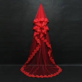 Ретро Красная соборная Длинная кружевная свадебная фата из тюля с аппликациями, свадебная фата