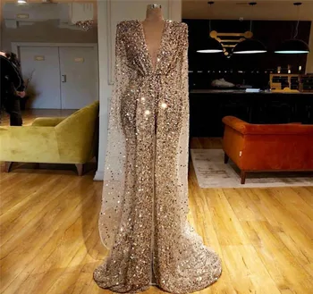 Роскошные Золотые блестящие платья для выпускного вечера в Арабском Дубае, блестки, бусины, V-образный вырез, Русалка, вечерние платья в арабском стиле, праздничный халат