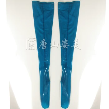 Сексуальные латексные чулки прозрачного синего цвета, одежда для ног, резиновые длинные высокие чулки большого размера