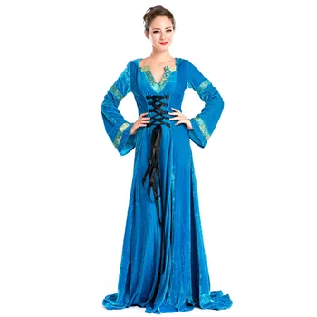 Синий взрослый костюм принцессы с длинными рукавами для косплея, средневековое платье для взрослых на Хэллоуин, костюмированное платье