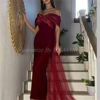 Темно-красные Бархатные Длинные Платья для выпускного вечера, облегающее платье с открытыми плечами Длиной до щиколоток, Саудовское Арабское женское вечернее платье