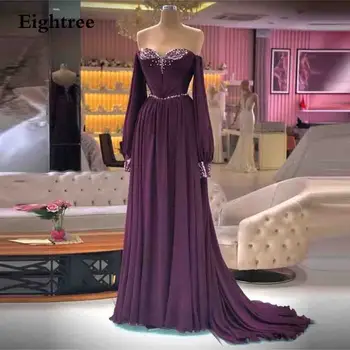 Темно-Фиолетовые Вечерние платья для Вечеринок, Блестящее шифоновое платье для выпускного вечера с длинными рукавами в виде Сердца, Праздничные платья для Выпускного вечера