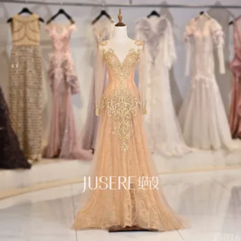Уникальная коллекция Jusere 2022, Вечернее платье с кружевными аппликациями и длинным рукавом, вечерние платья золотистой Трапециевидной формы