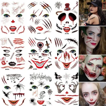 Хэллоуин Клоун лицо Кровавое пятно татуировки наклейки Шрам Ужас Паутина Летучая мышь Забавный Косплей Маскарад Боди-арт наклейки для макияжа