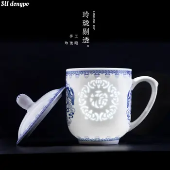 Чашка для чая Цзиндэчжэнь, Керамическая, сине-белая, Изысканная Чайная кружка, Чашка для конференции с крышкой, настраиваемый логотип, деловые подарки